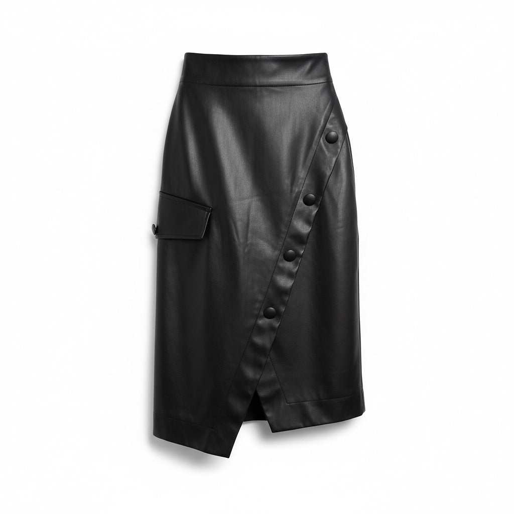 Buttoned Leather Skirt